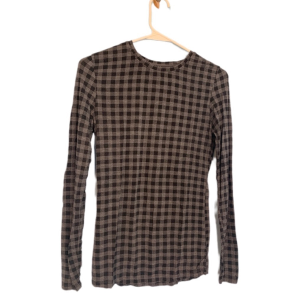 Cuddl Duds soft gray gingham print long sleeve cozy top crew neck stretch Sz S